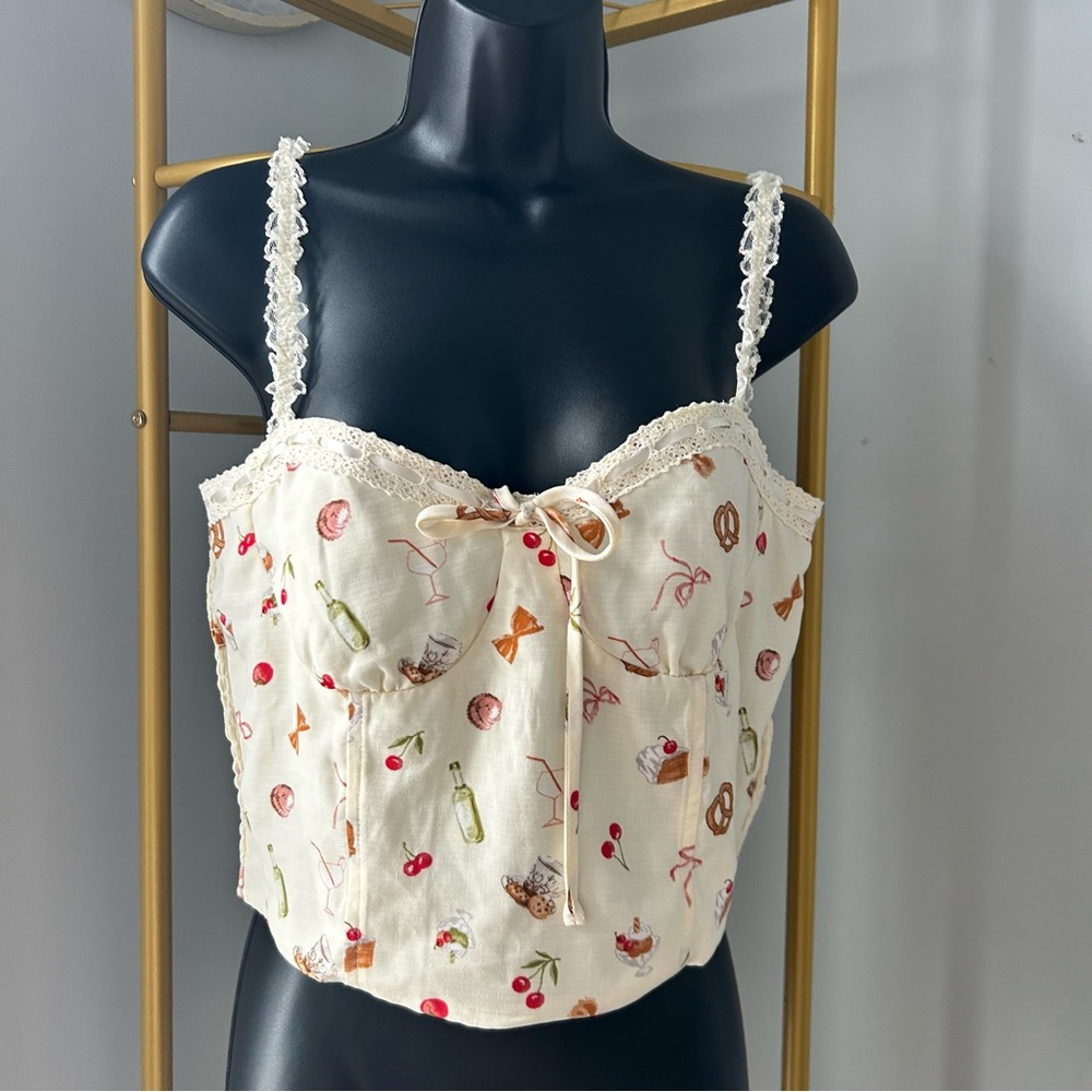 Thirty/Thirty LA vintage vibes fun foods print smocked back lace straps tops XL